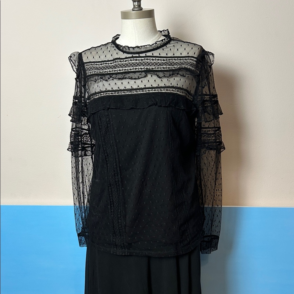 Express Black Ruffled Sheer Long Sleeve Blouse size M